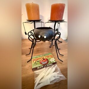 3 Halloween candle holders spider webs, plus glow in the dark teeth & candles.